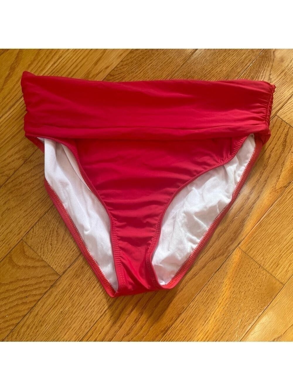Athena Women's Red Solid Elastic High Waist Stretch Ruched Swimming Brief Sz L - Picture 6 of 7